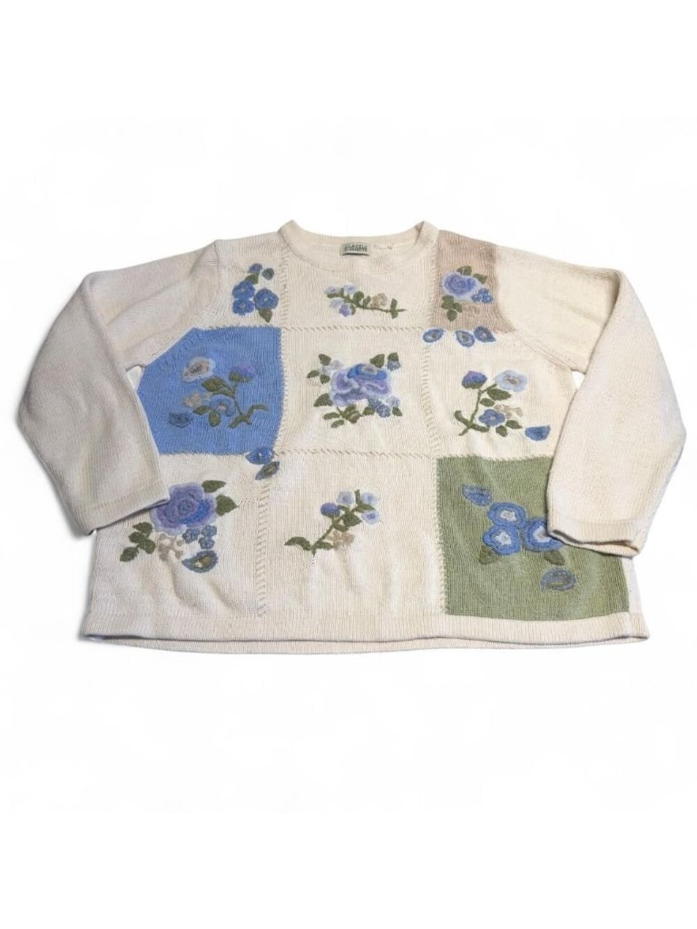 90's Classic Elements Cottagecore Patchwork Floral Sweater Women's Large Vintage